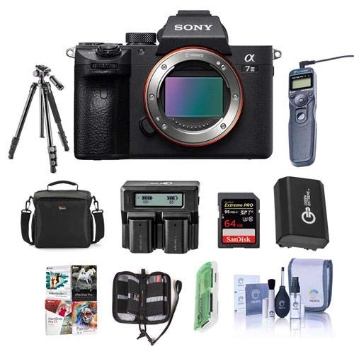 Sony Alpha a7 III 24MP UHD 4K Mirrorless Digital Camera Body Only - Bundle 64GB SDHC U3 Card, Camera Case, Spare Battery, Tripod, Dual Charger, Remote Shutter Release, Software Package, and More