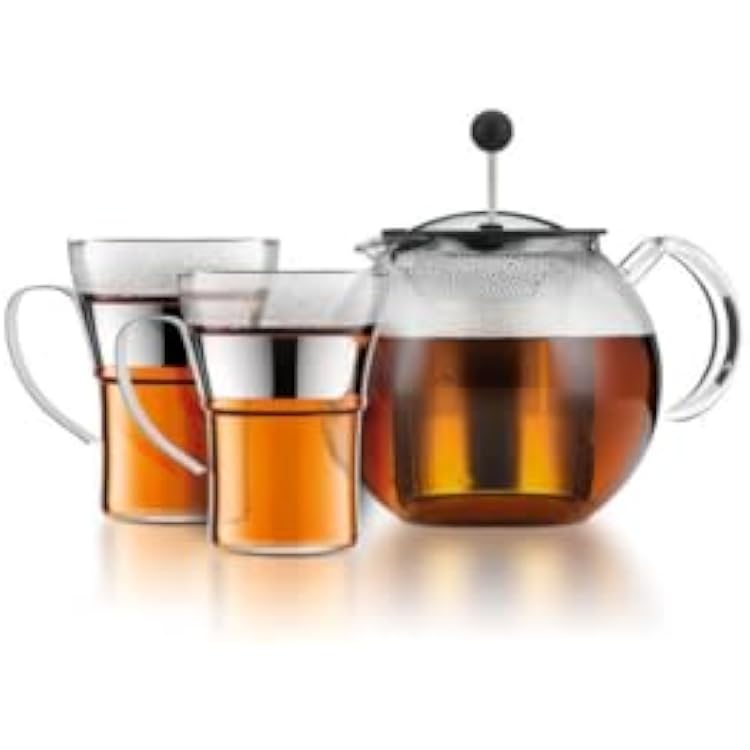 BODUM K1801-16CAR Assam Set Plunger Teapot with Lid and Stainless Steel Filter 1.0 L with 2 Glass Cups Stainless Steel Handle 0.35 L