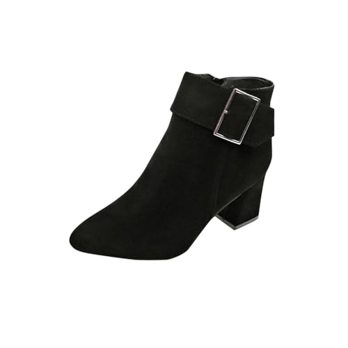 Womens Pointed Toe Booties Flock Chunky Heel Winter Boots for Women 2025 Fashion Side Zipper Buckle Ankle Boots
