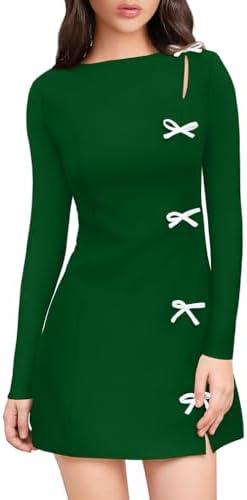 XXTAXN Womens Fall Long Sleeves Boat Neck Elegant Bow Y2k A Line Mini Dress