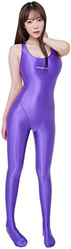 LEOHEX Satin Lycra Unitard Spandex Catsuit Shiny Bodysuit Zentai Purple, XL
