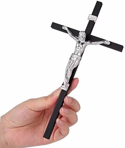 VINETEN Crucifix Wall Cross- Black Metal Slender Catholic Crosses | Crucifix Wall Decor for Your Home - 8 Inch Black