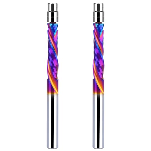 2PCS Up & Down Cut Spiral Flush Trim Router Bit 14 Inch Shank 14 Inch Cutting Diameter, CNC Router Bits End Mill for Wood Cutting, Slot Mortise, Engraving