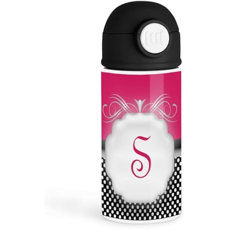 Sweet Monogram Enthusiast 12oz Kids Black Bottle Elegant pink design with black and white polka dots. School, Playdates
