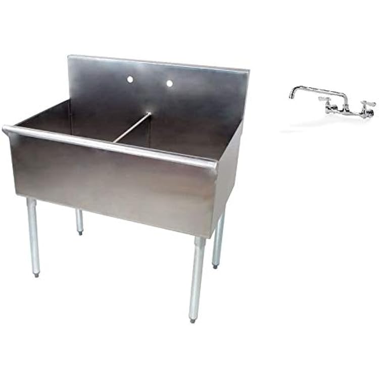Commercial Stainless Steel Kitchen and Utility Budget Two 2 Compartment Sink with 12 Faucet 24.5 Width x 48 Length