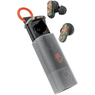 Skullcandy Dime Evo Wireless Earbuds, Bluetooth Headphones, Noise Isolating Fit, Up to 36 Hours Battery, Microphone, Easy Carry with Clip-Anywhere Case - Realtree APX BlackOrange