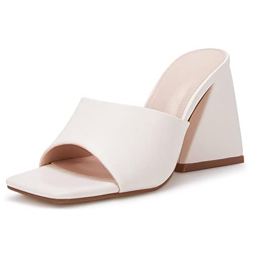 VETASTE Womens Heeled Sandals Square Open Toe Slip on Block Heels Mules
