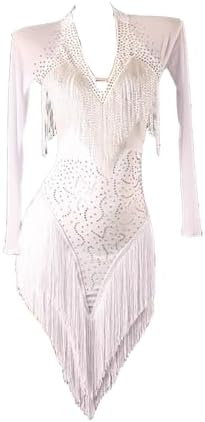 Latin Dance Dress Fringe Performance Costume Rhinestone Competition Long Sleeves Salsa Rumba Ballroom Dress