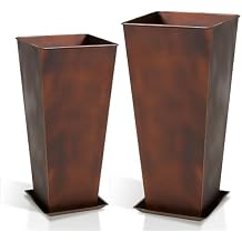 Worth Garden Large Metal Planter Set of 2 (25" & 28" H.), Matte Bronze Retro Finish Tall Square Tapered Steel Plant Pots, Decor Flower Pot Indoor & Outdoor, Drainage Hole & Dual-Purpose Plant Saucer