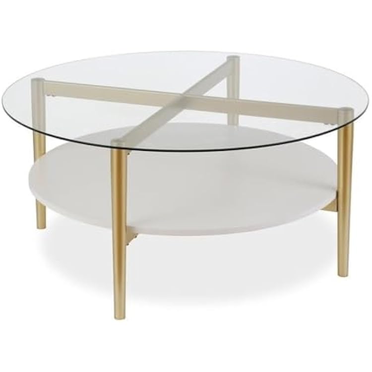 Mid-Century Brass Metal Round Coffee Table with White Lacquer Shelf