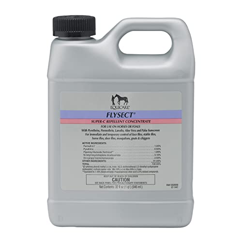 Equicare Flysect Super-C Fly Control Concentrate for Horses, 32 oz | Mix with Water,Concentrate Makes 5 Quarts of ready to use fly spray,Protects against flies, gnats, mosquitoes, chiggers