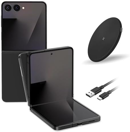 Samsung Galaxy Z Flip7 Cell Phones, Unlocked Android 256GB, AI Foldable Smartphone with FlexCam, 6.9 AMOLED, Triple Camera, International Model 2025, Jet Black, Bundle Wireless Charger & Clear Case