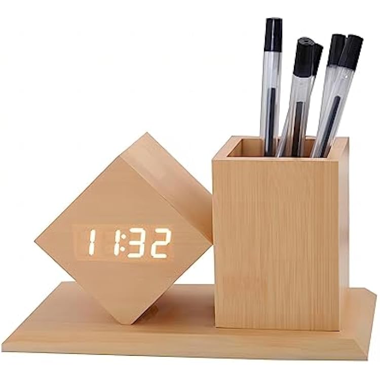 Digital Alarm Clock LED with Temperature Calendar Display 3 Level Brightness Adjustment Sound Activated Multifunctional Home Office Pencil Holder Desk Organizers
