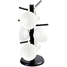 Wooden Mug Holder Tree with 6 Hooks, Coffee Cup Drying Stand, Mug Storage Rack for Kitchen and Coffee Bar with Removable Anti-Slip Base (Black)