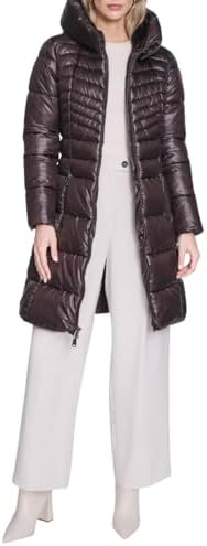 Kenneth Cole Womens Mid Length Mixed Quilted Puffer With Faux Fur Trimmed Hood