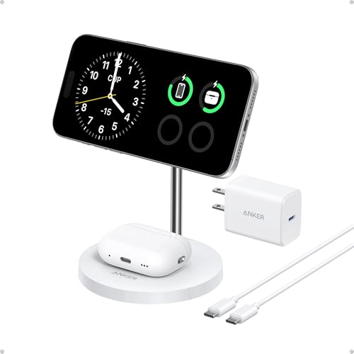Anker MagSafe Compatible MagGo Charger Stand, iPhone 17 Wireless Charger, 2-in-1 Charging Station, Qi2 Certified 15W Fast Charging, for iPhone 171615141312, AirPods Pro 40W Adapter Included