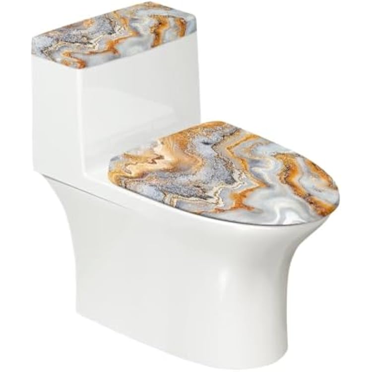 Horeset Quicksand Marble Print Toilet Seat & Tank Lid Cover Set Snug-Fit Elongated Toilet Lid Cover Set Bathroom Toilet Decoration Fits Most Size Toilet Lids