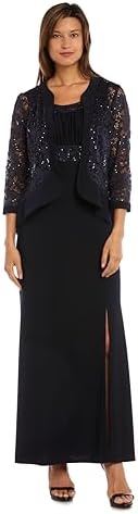 R&M Richards Womens Elegant Sequin Lace Jacket WRuffle Front & Shimmering Embellishments