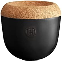 Emile Henry Made in France Cork Cover Garlic Cellar Pot, 5.8in diameter, Black Truffle