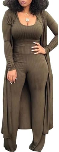 LKOUS Womens 3 Piece Outfits Ribbed Knit Crop Tank Wide Leg Pants Long Cardigan Set
