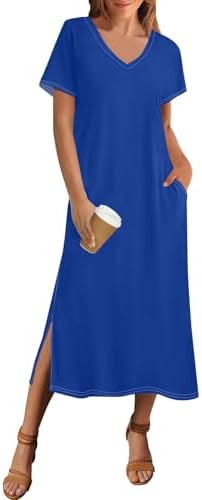 Women Summer Floral Print T Shirt Dress Short Sleeve Split Long Dresses Casual Loose Beach Vacation with Pockets