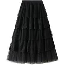 Women's Layered Tiered Tulle Skirt Elastic High Waist Elegant Fairy Embroidered Mesh A-Line Maxi Cake Skirt