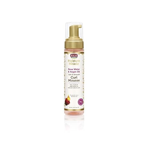 African Pride Moisture Miracle Rose Water & Argan Oil Curl Hair Mousse, Flexible Hold, Enhances Curls, Creates Wave Patterns, No Residue, Deep Moisture, Adds Shine, Strengthens & Protects Hair, 8.5 oz