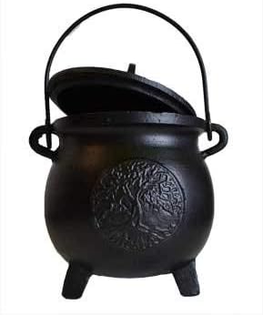 Home Fragrance Potpourris Cauldrons Tree of Life Cast Iron Three Legged with Handle and Lid Large 8"
