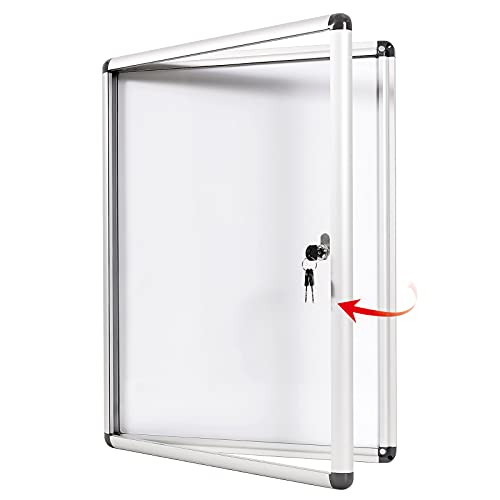 SWANCROWN Enclosed Bulletin Board 38x28 in Lockable Magnetic White Board Wall Display Case, Aluminium Frame, 9xA4