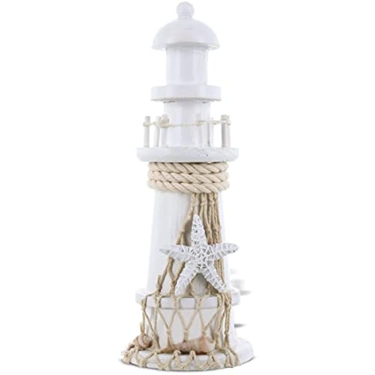 Puzzled COTA Global Small White Wooden Lighthouse Decor - Handmade Wooden Lighthouse Beach Decorations for Home with Decorative Starfish Decor - 8.75 Inches