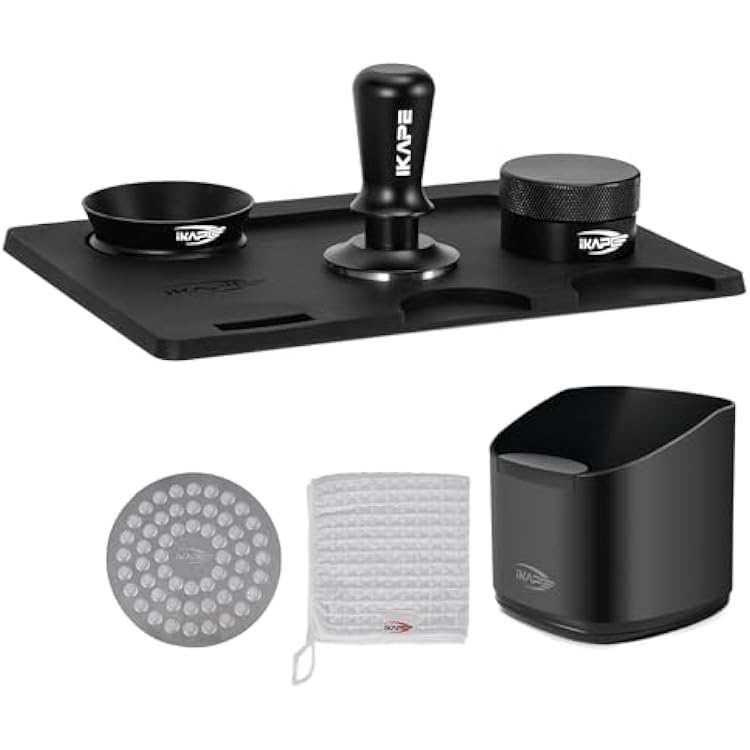 IKAPE 53.3MM Espresso Tamper Kit 7 IN 1 Black, Espresso Accessories Kit Featuring Coffee Tamper, Distributor, Magnetic Dosing Funnel, Knock Box, Silicone Mat, Puck Screen, Cleaning Towel