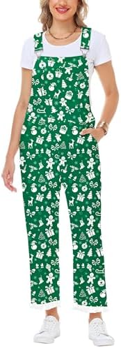 Womens Christmas Bibs Overalls Xmas Denim Coveralls Stretch Jeans Jumpsuit