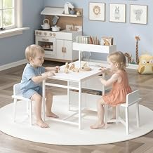 Kids Desk and Chair Set for 2, Toddler Table and Chair Set with Storage for 3-8 Years Old, Wooden Kids Study Desk for Writing & Drawing, Toddler Activity Table for Playroom, White KDWT12101