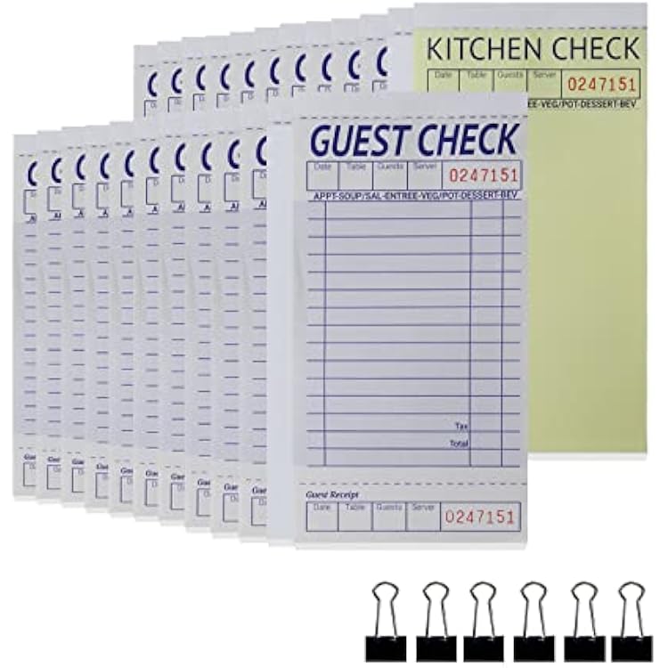 [24 Books] Guest Checks Server Note Pads, 2-Part Carbonless Guest Check Pads Order Pads for Restaurants, Server, Waitress, 50 Sheets Per Server Pads Total 1200, Extra 6 Clips
