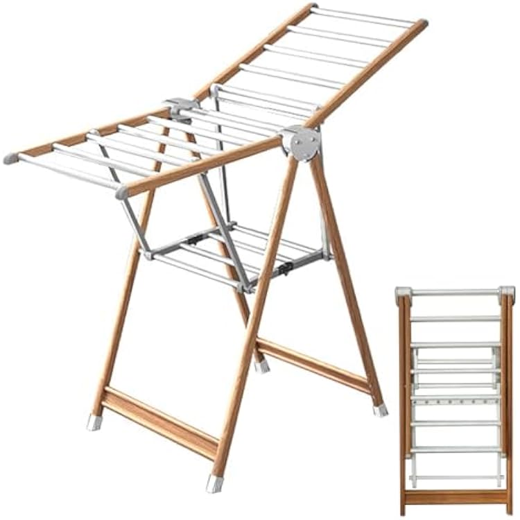 Free-Standing Clothes Drying Rack with Height-Adjustable Gullwings Foldable Floor Aluminum Laundry Rack Clothes Airer with Shoes Rack, Space-Saving