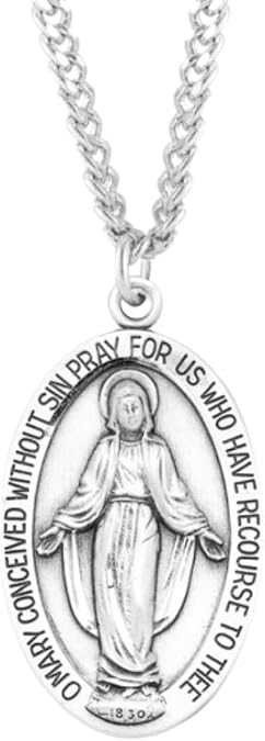 Sterling Silver Large Oval Miraculous Medal, Blessed Mother Mary, 24 Inch Lobster Claw Rhodium Plated Stainless Steel Chain Necklace, Gift Box Included