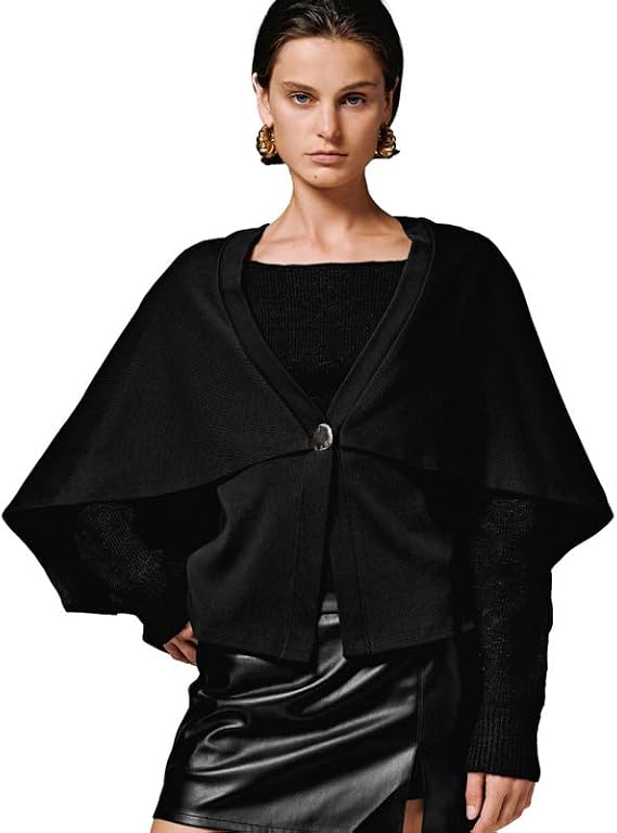 URBAN REVIVO Women's Oversized Cape Coat Batwing Sleeve Cardigan Open Front Poncho Sweater Fall Winter Knitted Shawl Wrap