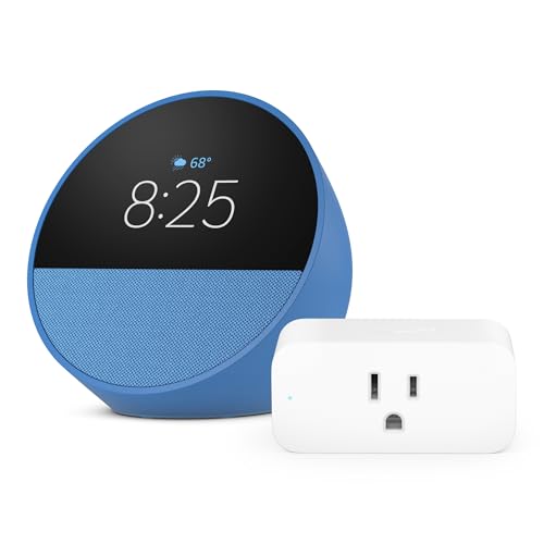 Amazon Echo Spot newest model in Agate Blue bundle with Amazon Smart Plug, Designed for Alexa