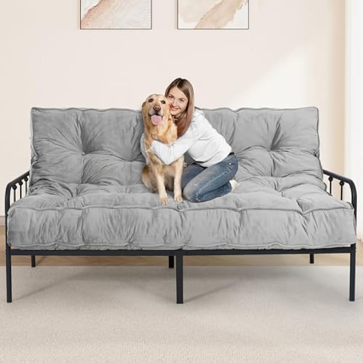 8 Futon Mattress Queen Size 60 x 80, Thicken Floor Futon Mattress for Sleeping, Foldable Velvet Futon Sofa Bed for Adult, Tatami Sleeping Mat for Camping, Dorm, Light GrayFrame Not Included