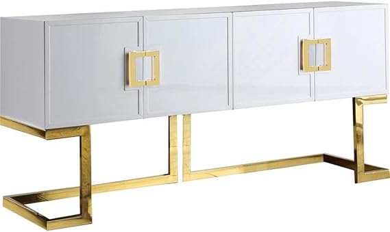 Meridian Furniture Beth Collection Modern | Contemporary Sideboard Buffet, Rich Gold Stainless Steel Base, White Laquer Finish, 64" W x 18" D x 31" H, Cabinet
