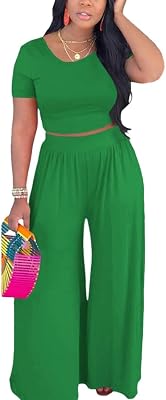 HBQ Two Piece Outfits For Women Casual Sweat Suits Backless Short Sleeve Crop Tops Wide Leg Pants Lounge Sets Tracksuit-Green-M