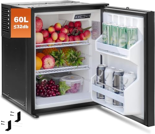 SMETA RV Refrigerator 12 volt Refrigerator 12v 24v DC Fridge Car Electric Cooler 2.1 cuft60L Compact Fridge nevera para carro for RV Camping Semi Truck Noiseless Reversible Door LED Black