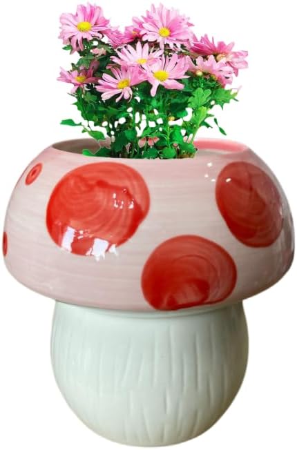 Ceramic Mushroom Shaped Flower Pot - Unique and Charming Home Decor (Pink)