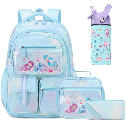 Kids School Backpack for Girls, Mermaids Bookbag Backpack with 14OZ Water Bottle, Lunch Bag Set for GirlsTeens Middle Student, Girls Backpacks for School 4pcs Water Bottle