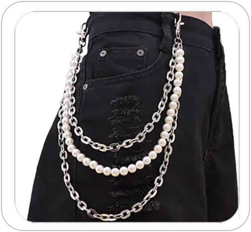 Punk Pant Chain for Women Men Vintage Gothic Cross Rivet Mansard Pant Chain 80's 90's Hip Hop Jeans Chain Charm Layered Rock Wallet Chain Pant Chain for Men Clothing Accessories (Pearl)