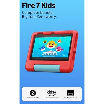 Amazon Fire 7 Kids tablet (newest model) ages 3-7. Top-selling 7" kids tablet on Amazon. Includes 6 months of ad-free and exclusive content, easy parental controls, 10-hr battery, 16 GB, Red