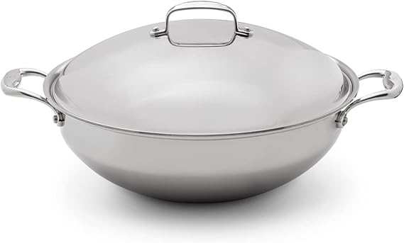 Heritage Steel 13.5 Inch Wok with Lid - Titanium Strengthened 316Ti Stainless Steel Pan with 5-Ply Construction - Induction-Ready y Clad, Made in USA