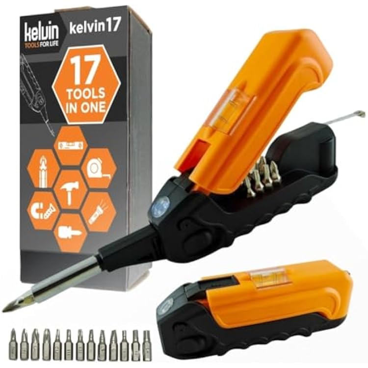 Kelvin Tools Kelvin 17 | The Palm-Sized Everyday Multi-Tool Set | 17 Integrated Tools: 13 Bit Screwdriver Set, Tape Measure, Liquid Level, Hammer, and Flashlight Orange