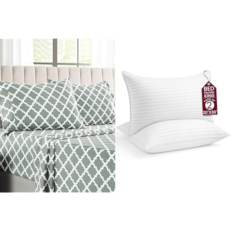 LUX Decor 4 Pcs Cal King Quatrefoil Sheet Set  2 King Stripe Pillows Ultra-Soft Microfiber Bed Sheets with Flat Sheet, 16 Inch Deep Pocket Fitted Sheet & Pillowcases, Oeko-TEX GreyWhite