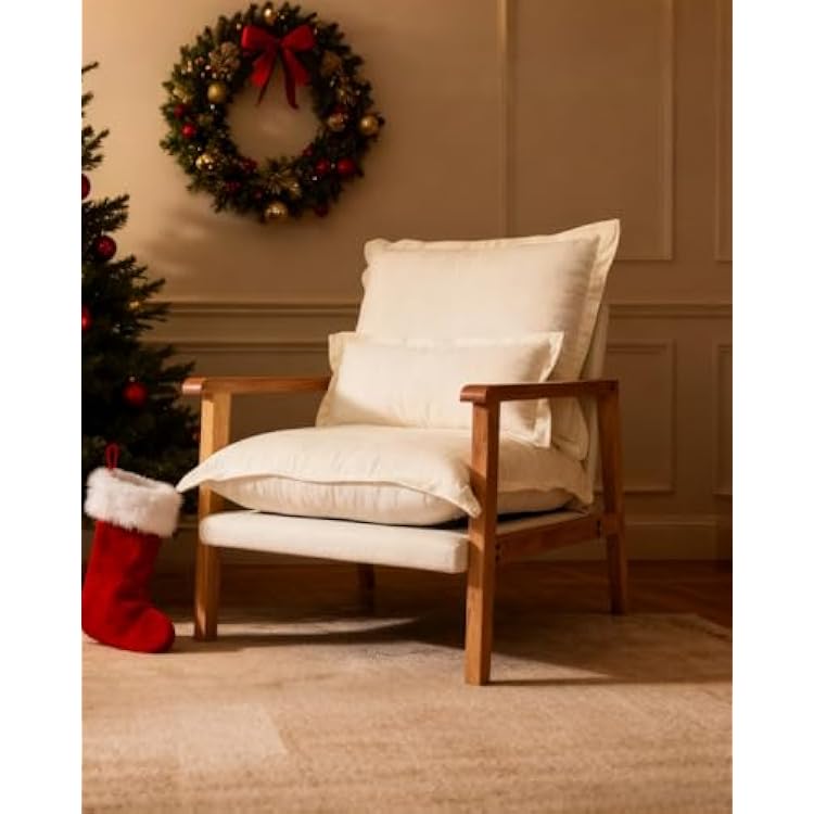 Karl home Midcentury Accent Chair for Living Room, Chenille Upholstered Lounge Armchair with Lumbar Pillow, Ruffle-Designed Cozy Reading Chair with Wood Legs, Beige